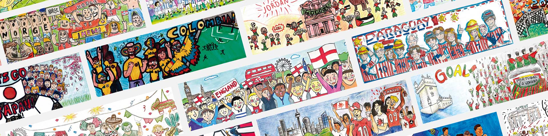 A collection of winning entries from Hyundai's Be There With Hyundai drawing contest, featuring football-inspired artwork created by young participants worldwide.