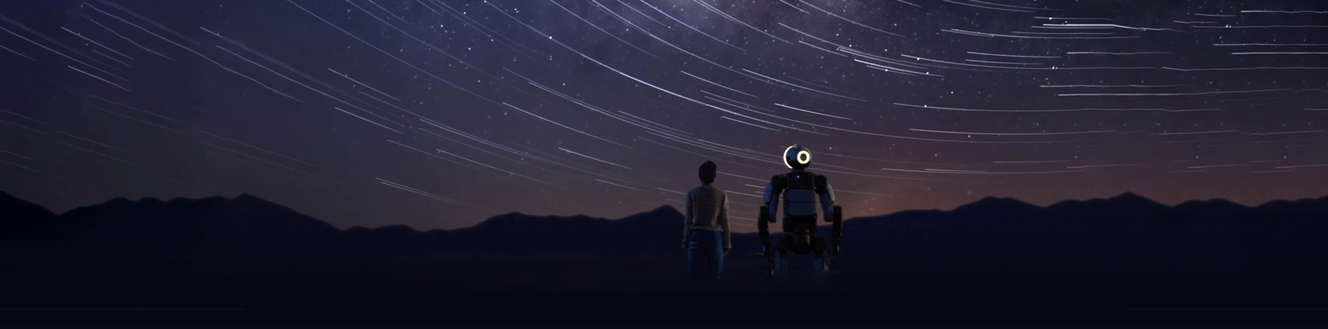 A man and the Atlas robot gaze up at a starry sky