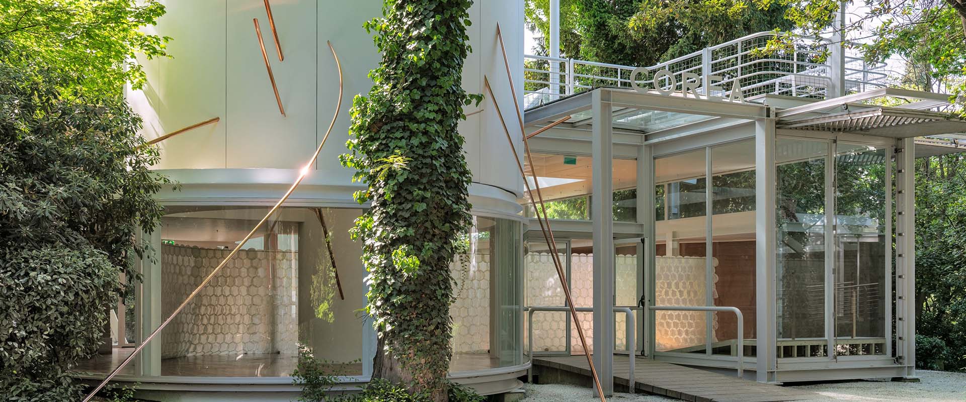 Exterior view of Liberation Space: Fortress/Nest, Korean Pavilion, 2026. Photo by Donghwan Kam.