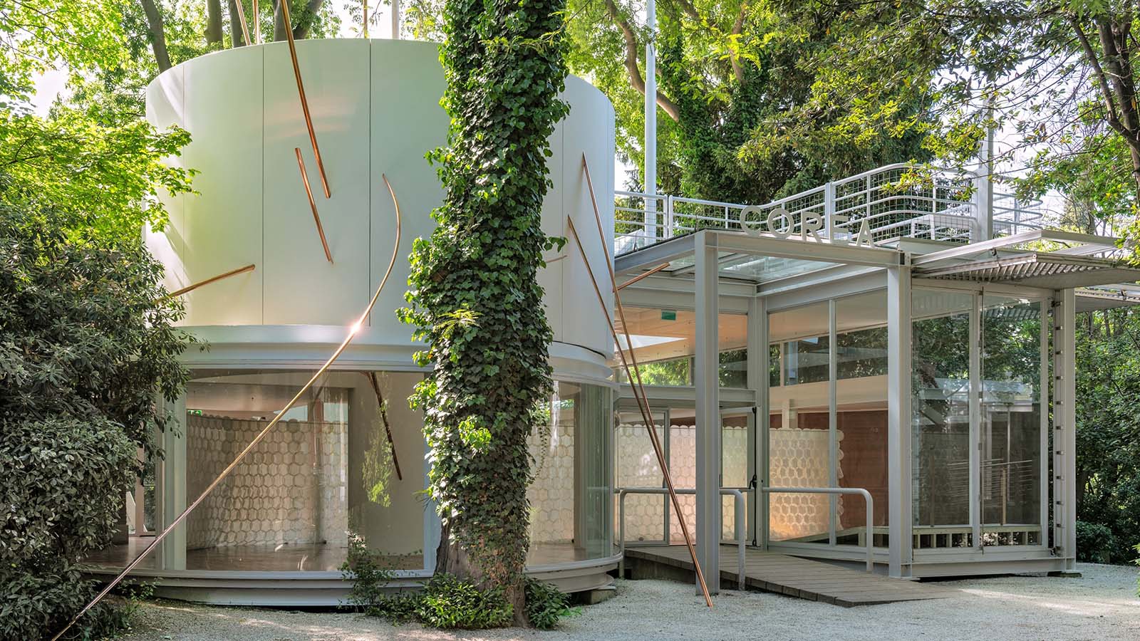 Exterior view of Liberation Space: Fortress/Nest, Korean Pavilion, 2026. Photo by Donghwan Kam.
