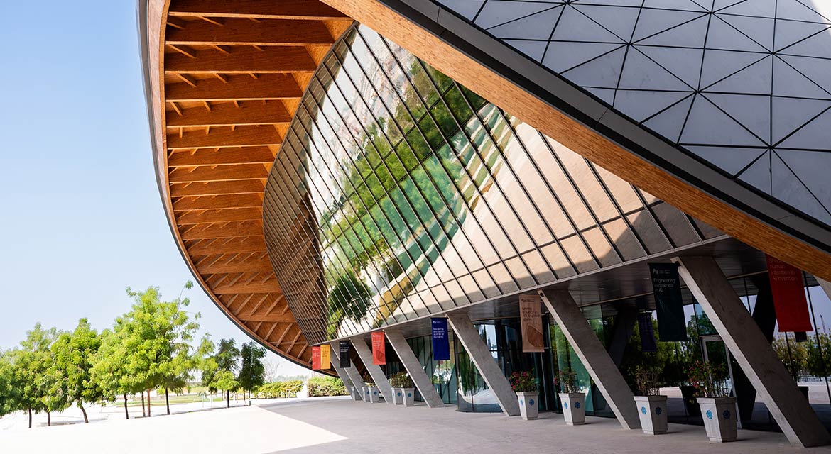 Exterior of Mohamed bin Zayed University of Artificial Intelligence, Abu Dhabi Music & Arts Foundation’s collaborative institution. Courtesy of MBZUAI