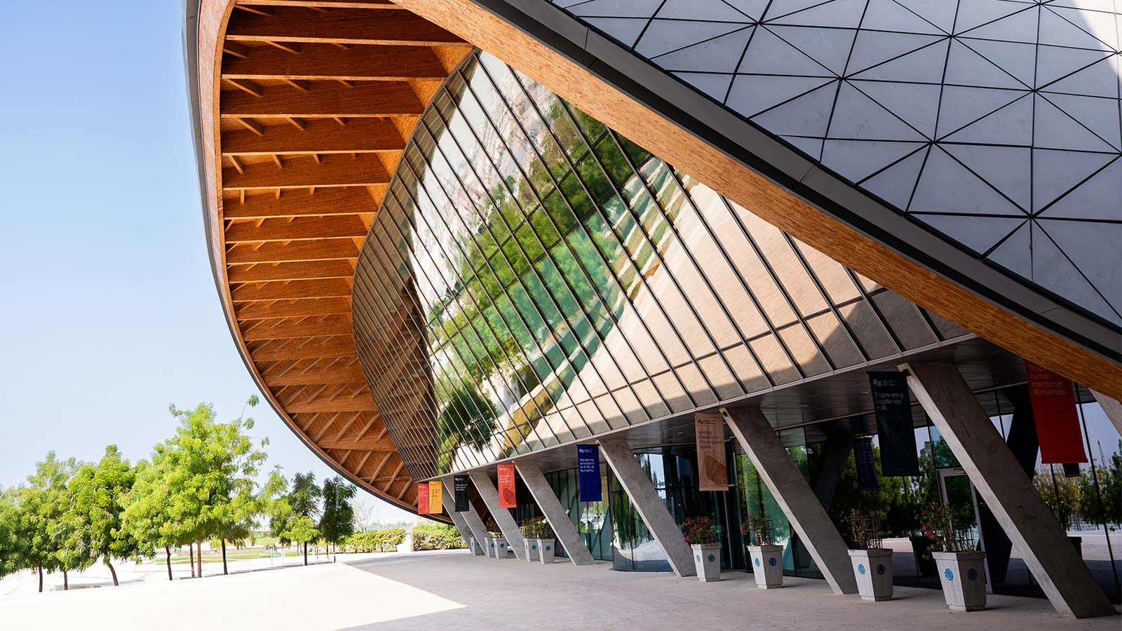 Exterior of Mohamed bin Zayed University of Artificial Intelligence, Abu Dhabi Music & Arts Foundation’s collaborative institution. Courtesy of MBZUAI