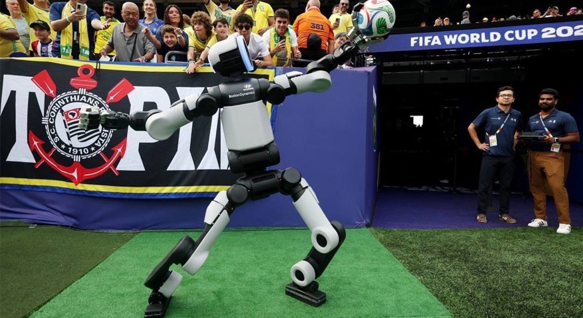 Atlas celebrates after delivering the ceremonial match ball.