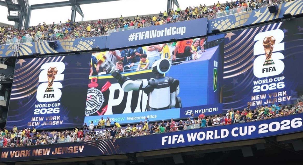 Atlas greets the crowd through the stadium giant screen.