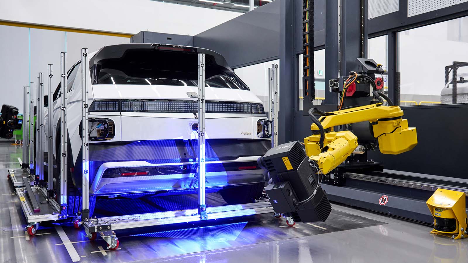 Robotic 3D scanning systems perform high-precision measurements of vehicle components, supporting dimensional quality verification and assembly validation.