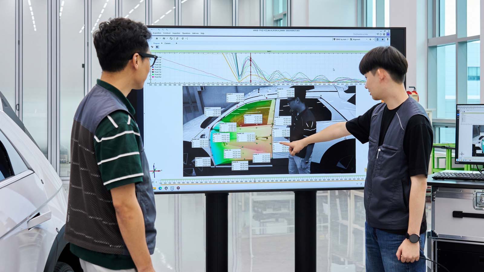 Engineers review dynamic motion validation results, using high-speed measurement data to assess component behavior and durability.