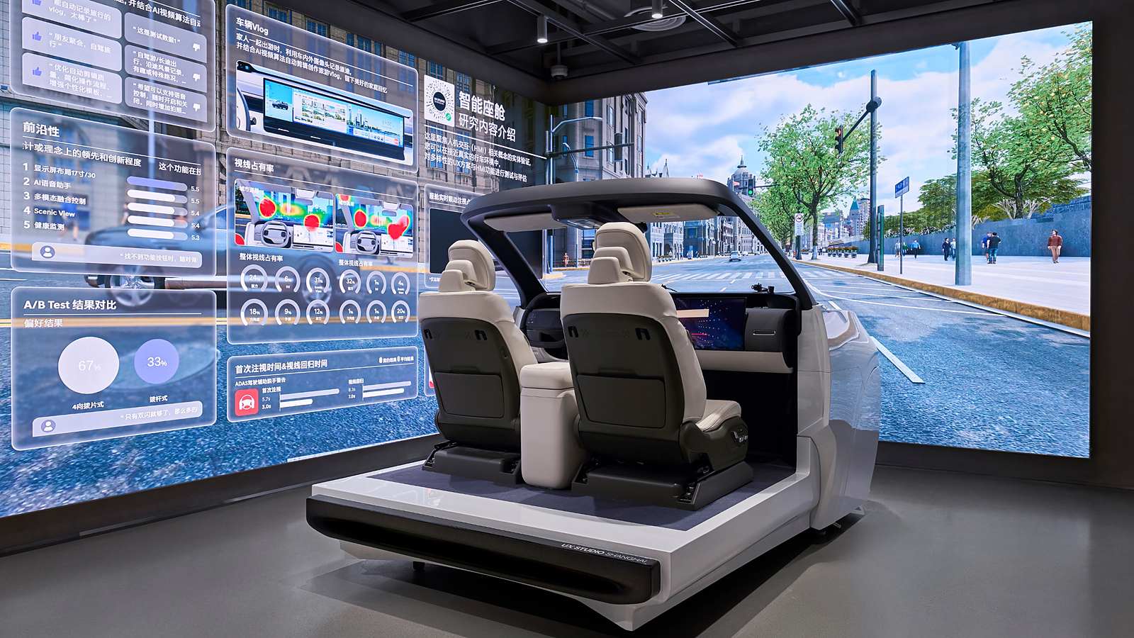 Human Machine Interface (HMI) Buck in the UX Test Zone. Participants can engage directly in UX research processes from a developer's standpoint, assessing UX items and contributing to the optimization of future vehicles and innovative technologies.