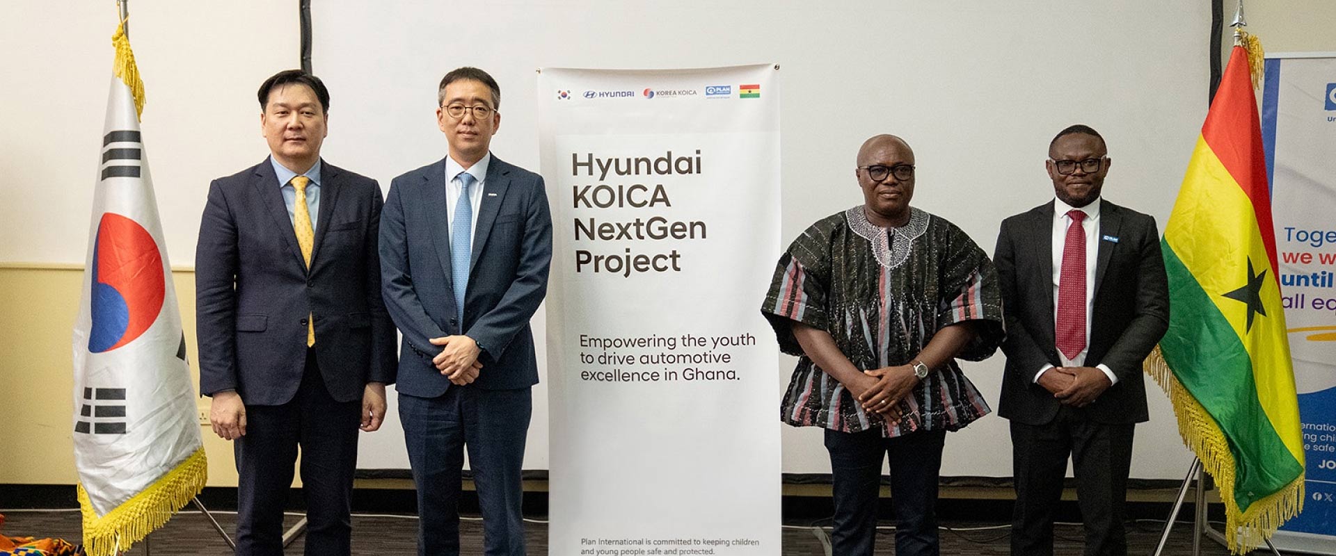 (From Left) Jae Sun Yoo, Team Leader of Hyundai Motor M.East & Africa Headquarters Marketing&Communication Team; Dongwan Woo, Country Director of the KOICA Ghana Office; Ing. Dr. Eric Kofi Adzroe, Director-General of Ghana TVET Service; and Frederick Tei-Nobi, Acting Country Director of Plan International Ghana