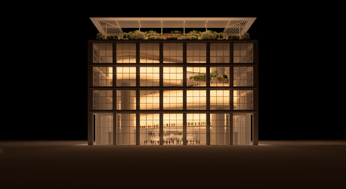Exterior night view of the GBC experiential science museum.