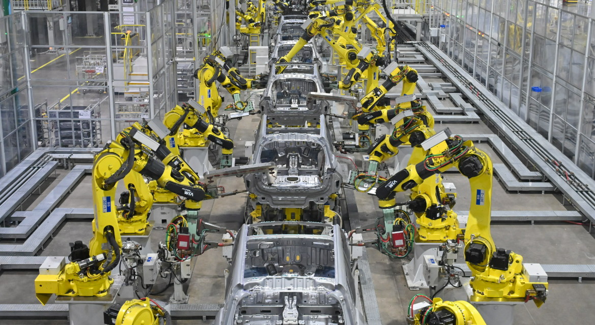 Industrial robots deployed in the body shop at the Pune plant performs welding work.