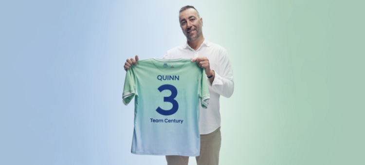 Lorenzo Quinn’s green and gray Team Century jersey with “Quinn”, “3” and “Team Century” written on the back in dark blue.